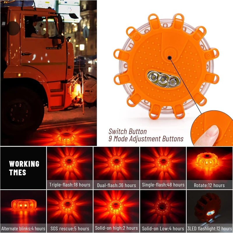 HEIGPAN GP908 8 Pack LED Road Flares Emergency Roadside Lights Safety Flashing Warning Beacon Disc Warning Flare Kit with Hook Magnetic Base for Car Truck & 9 Flash Modes (Batteries Not Included) - Image 2